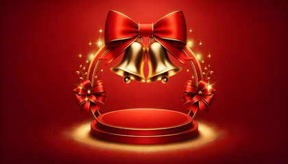 Fototapeta premium Chinese new year A classic red background with two golden bells hanging symmetrically from the top corners, tied with4
