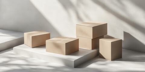 Beige cardboard boxes on minimalist white display.  Perfect for product packaging or presentation mockups.
