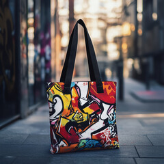 Colorful graffiti tote bag on city street. Vibrant urban style accessory.