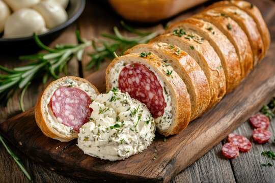 Baguette with salami and cream cheese with herbs. Selective focus