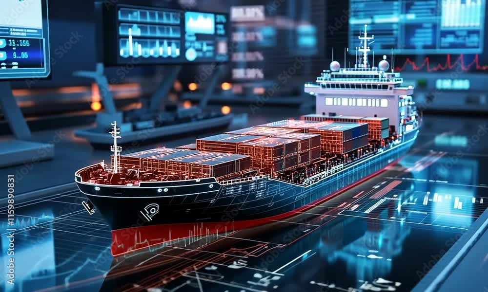 Aufkleber a digital rendering of a cargo ship with data overlays and blueprints.