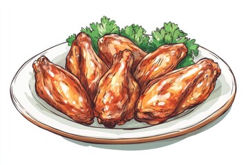 roasted chicken wings with parsley in the plate isolated on white