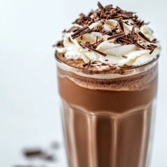 Rich chocolate milkshake in a glass. Featuring whipped cream and chocolate drizzle