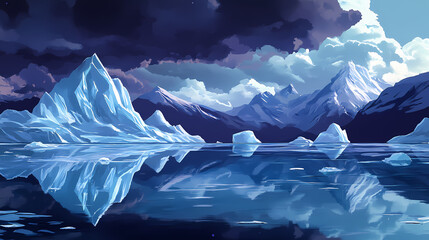 Obraz premium A serene, icy landscape with towering, jagged icebergs reflected in the calm waters lake or ocean the sky above is filled with dark clouds, creating a dramatic backdrop. Glaciered. Illustration