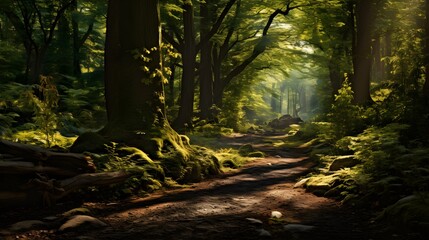 Fototapeta premium Autumn Serenity: Forest Path Blanketed in Fallen Leaves and Dappled Sunlight