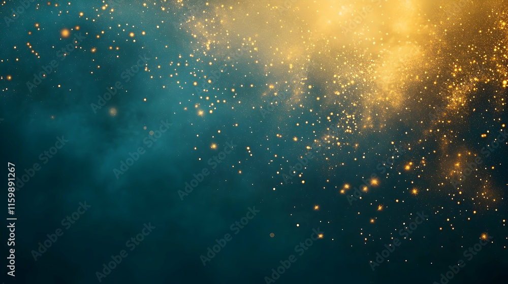 Wall mural radiant abstract background of golden dust spiraling on a dark teal backdrop with glowing nebula eff