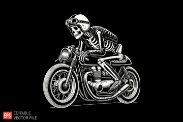 Skull Rider on Motorcycle Illustration Depicting Speed and Adventure in Retro Style