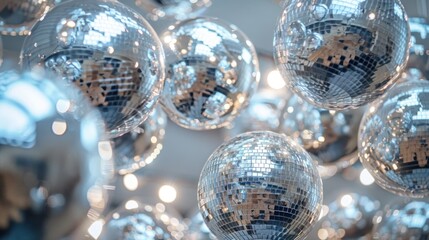 Shiny disco balls hanging from ceiling.