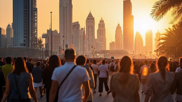 Crowds of tourists walking through the city of Abu Dhabi to work backlit at sunset. Captured on a telephoto lens in slow motion.