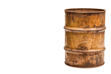 A rusty barrel sits on a white background