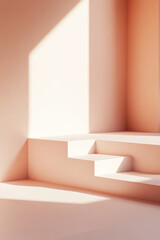 Minimalist peach-toned display with stepped platform bathed in sunlight. Ideal for product showcasing or branding photography.