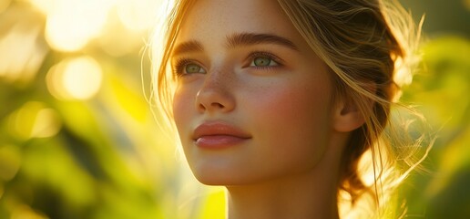 Fototapeta premium Young woman's face lit by golden sunlight, outdoors.
