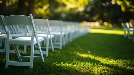Symmetrical arrangement of white folding chairs on green lawn for outdoor wedding ceremony, captured with soft natural lighting and shallow depth creating clean, minimalist atmosphere.