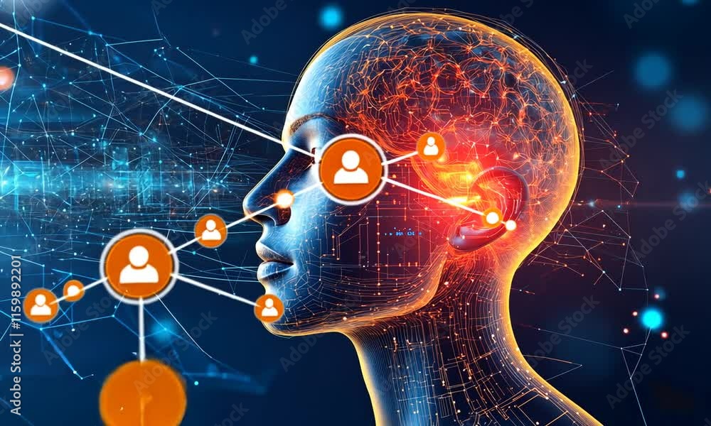 Poster a digital representation of a human head with neural connections and data flow.