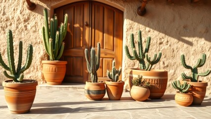 Desert Plants in Terracotta Pots - Rustic Door & Stucco Wall - Sunlight Photography