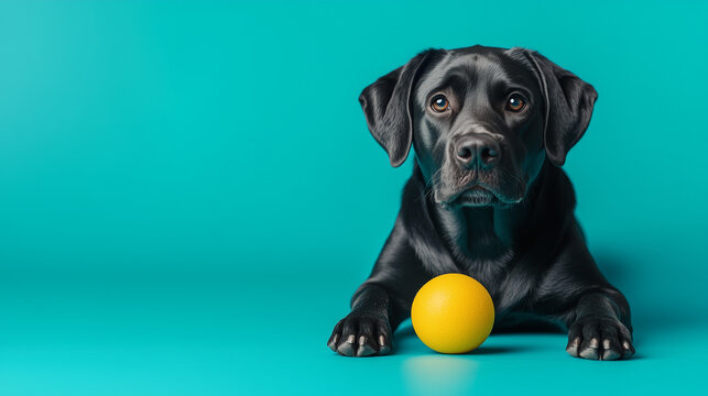 Black dog lying with a yellow ball on a turquoise background