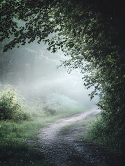 Obraz premium Misty Enchanted Forest Pathway Leading into Lush Green Wilderness : Generative AI
