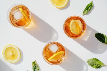 Glasses of ice tea with lemon slices and mint on white background 