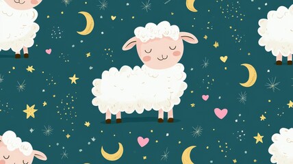 Naklejka premium seamless a cute cartoon sheep and some elements related to sleep or night