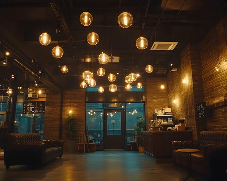 Atmospheric interior of a stylish cafe or bar with exposed brick walls, warm lighting, and comfortable seating. Perfect for representing cozy, trendy vibes.