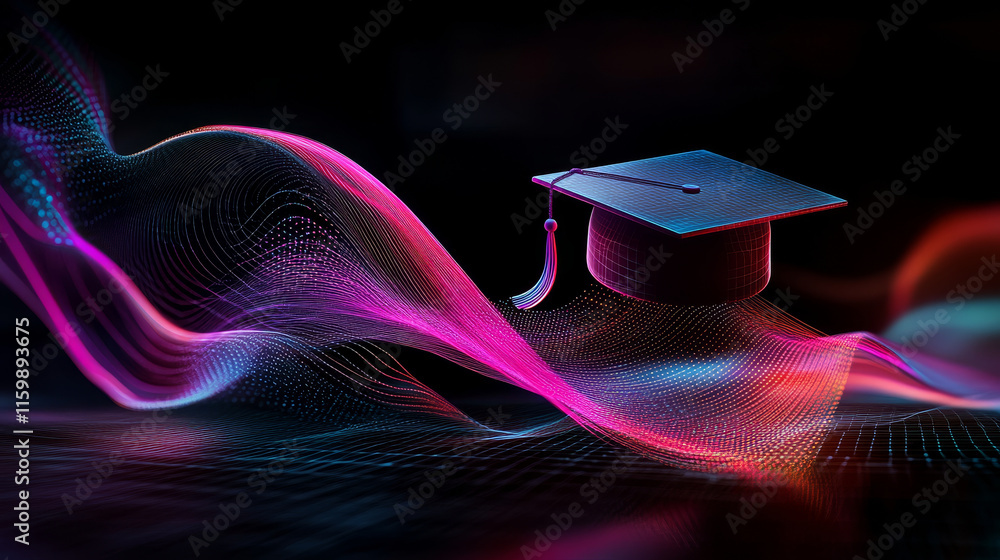 Poster luminous lines form open graduation cap floating above vibrant waves
