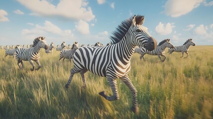 Naklejka premium A herd of zebras galloping across the African savanna under a bright sunny sky, creating a breathtaking wildlife spectacle.
