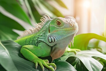 Naklejka premium A serene iguana resting under a canopy of palm leaves, with soft sunlight filtering through the foliage