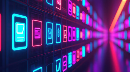 Fototapeta premium Vibrant digital icons in neon colors, representing technology and communication