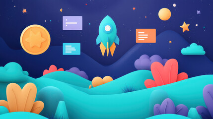 Naklejka premium Vibrant digital landscape with rocket, stars, and colorful plants