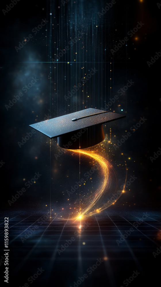 Poster floating graduation cap with glowing dots and lines in dark background