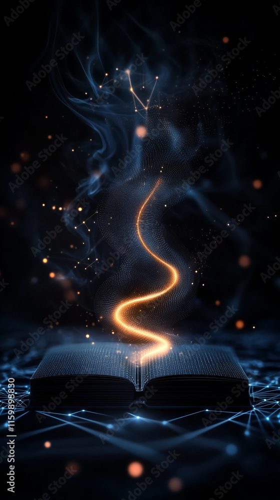 Poster glowing book with swirling light and particles creating magical effect