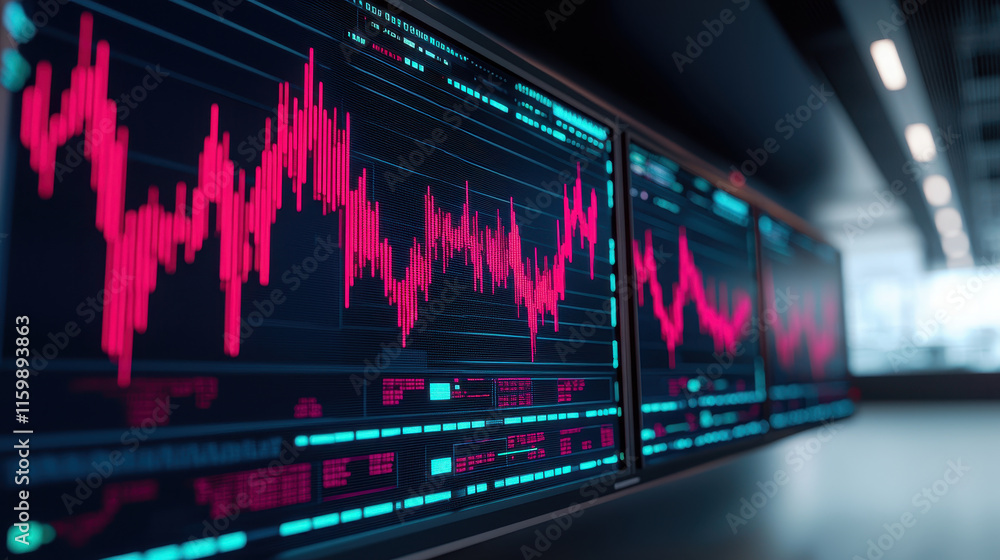 Poster digital stock market graphs display fluctuating data trends in red