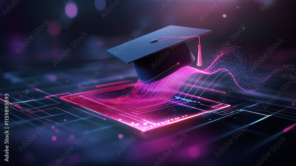 Poster luminous lines form open graduation cap floating above digital background
