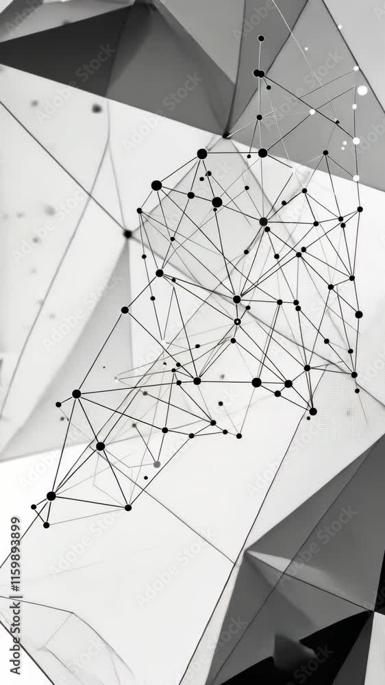 Poster abstract design featuring interconnected geometric shapes and lines in monochrome tones