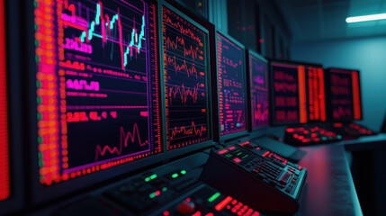High tech trading room with multiple screens displaying stock market data