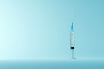 A single, sterile syringe stands upright against a light blue background.  Clean and minimalist medical image.