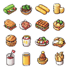 Set of pixel art food and drink elements. Perfect for game assets, menu designs, digital stickers, and creative food themed projects.	