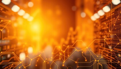 Abstract orange technology background with circuit board design and bokeh lights.