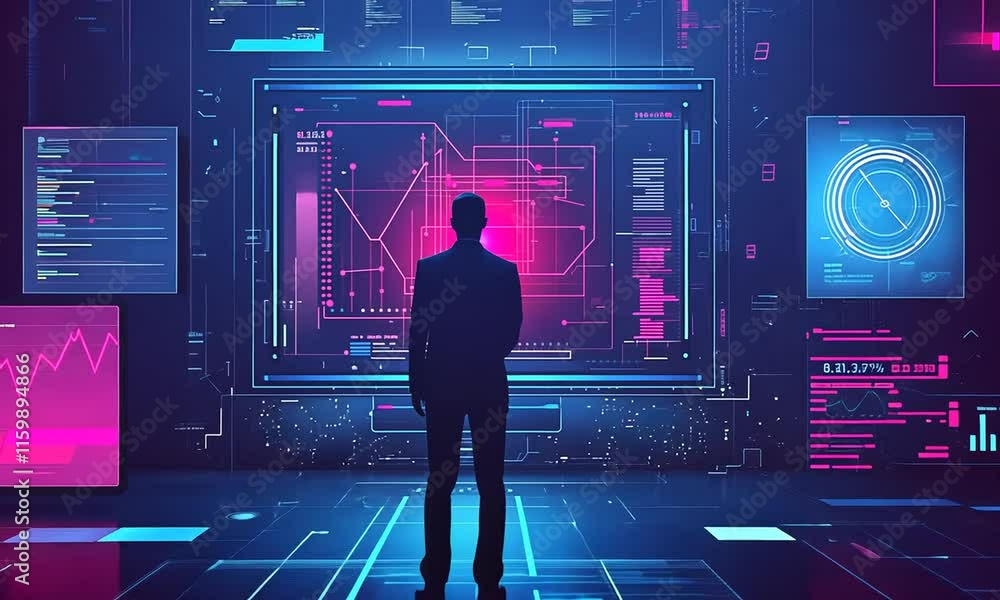 Poster a figure stands before a futuristic data interface with vibrant graphics.