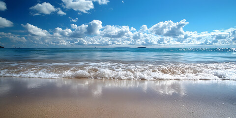 Fototapeta premium Peaceful Sandy Beach with Blue Skies and Calm Ocean Waves : Generative AI