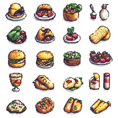 Set of pixel art food and drink elements. Perfect for game assets, menu designs, digital stickers, and creative food themed projects.	
