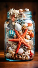 Sea Shell Collection in Glass Jar: Perfect Coastal Decor with a Wooden Shelf Display.

