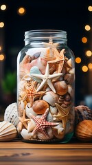 Sea Shell Collection in Glass Jar: Perfect Coastal Decor with a Wooden Shelf Display.
