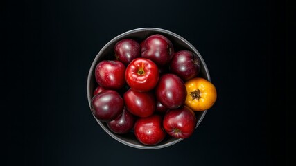 Fresh Plums Bowl Overhead - Black Background - High Quality Food Photography