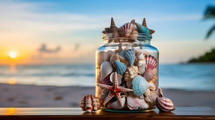 Coastal Charm: Glass Jar of Sea Shells on Wooden Shelf with Nautical-Themed Background.
