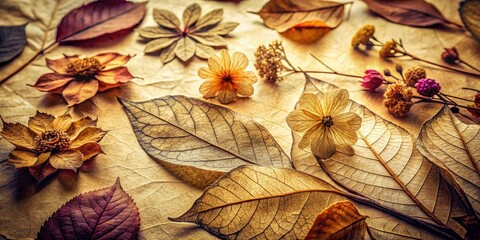 Fototapeta premium Close-up photography reveals the delicate beauty of dried flowers and leaves in a vintage botanical arrangement.