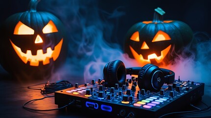 Halloween DJ party vibes with glowing jack-o’-lantern, headphones, and DJ controller creating a spooky musical atmosphere, perfect for Halloween-themed parties, events, or haunted music nights