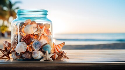 Coastal Charm: Glass Jar of Sea Shells on Wooden Shelf with Nautical-Themed Background.
