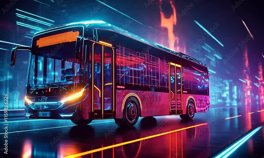 Poster a futuristic bus illuminated with neon lights in a digital environment.