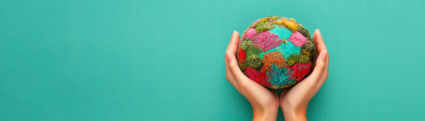 Environmental consideration. Hands holding a colorful globe on a teal background.